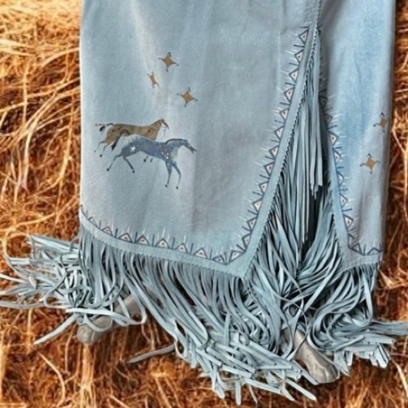 VPatricia Wolf Hand-Painted Suede Fringe Jacket & Skirt Set horses stars S/M EUC - Picture 5 of 13